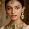 Green And Gold Teardrop Pendant Necklace Set With Maangtika