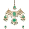 Green And Gold Teardrop Pendant Necklace Set With Maangtika