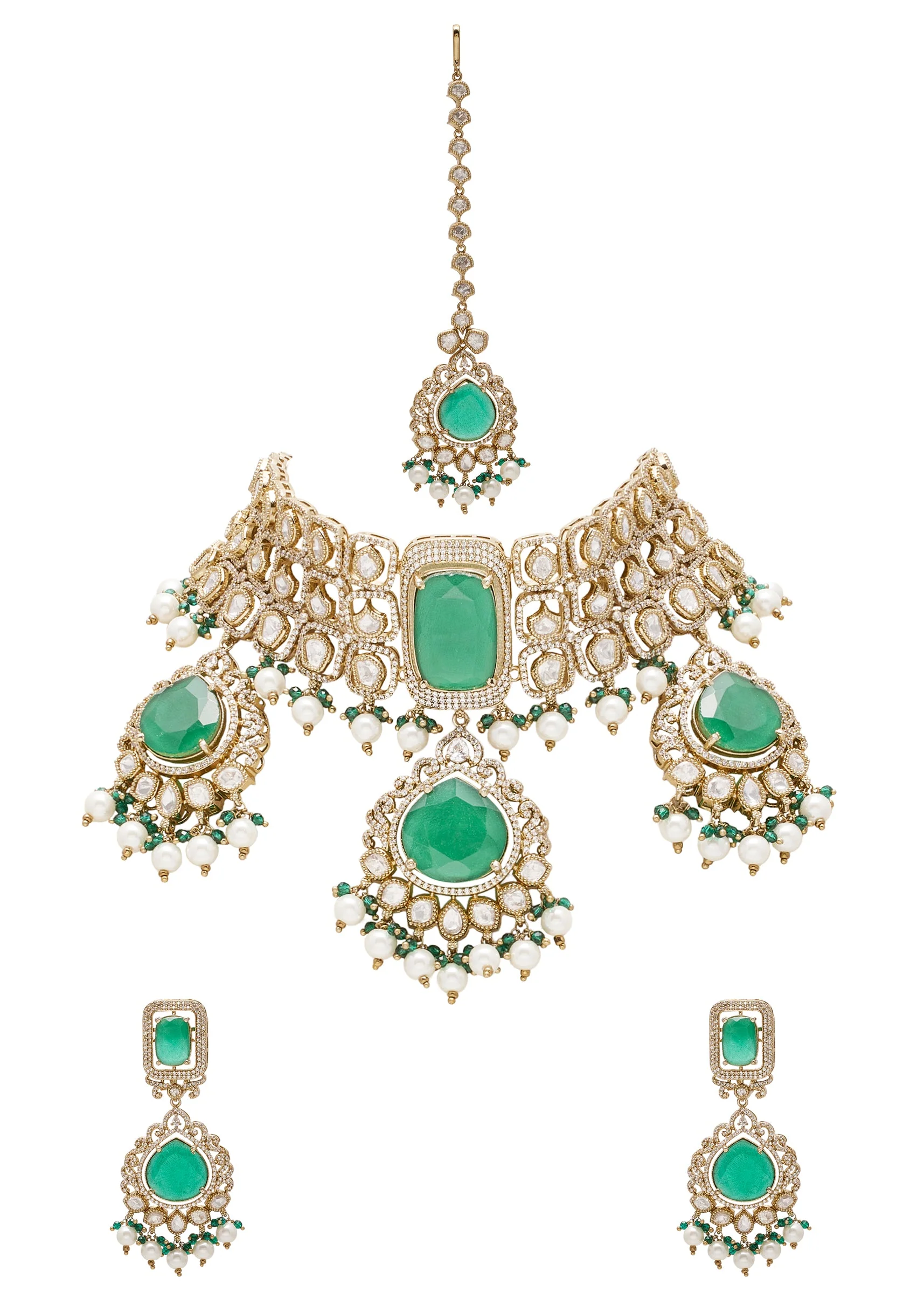 Green And Gold Teardrop Pendant Necklace Set With Maangtika