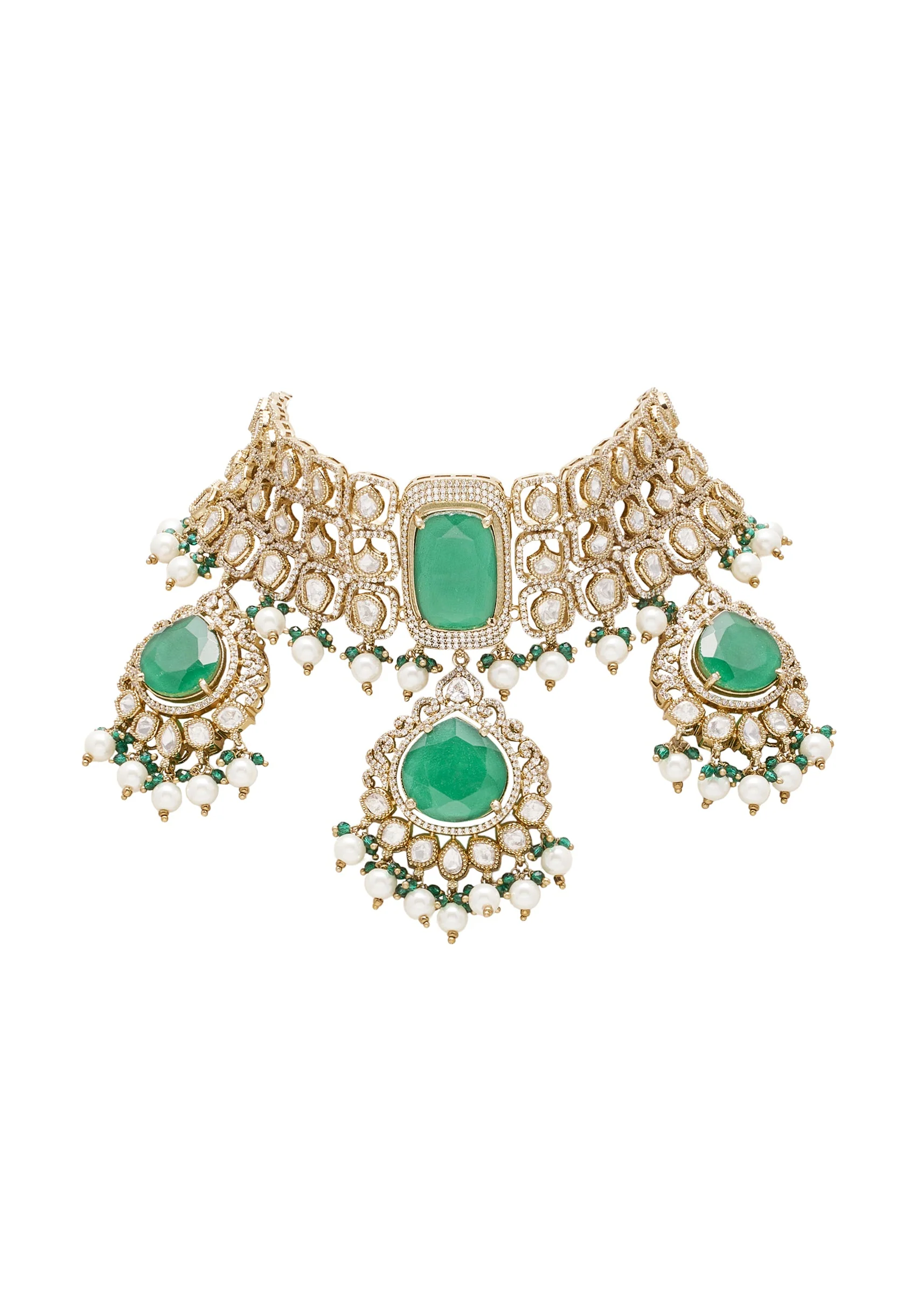 Green And Gold Teardrop Pendant Necklace Set With Maangtika