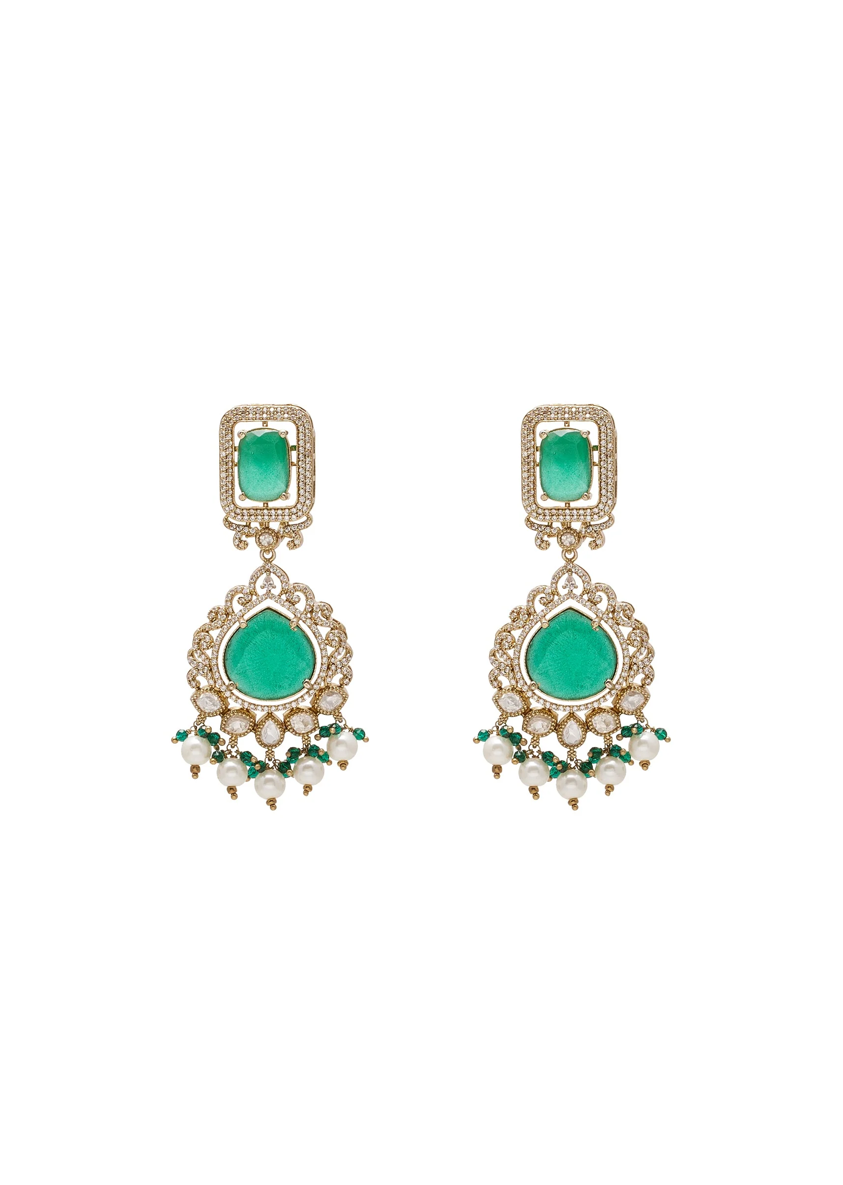 Green And Gold Teardrop Pendant Necklace Set With Maangtika