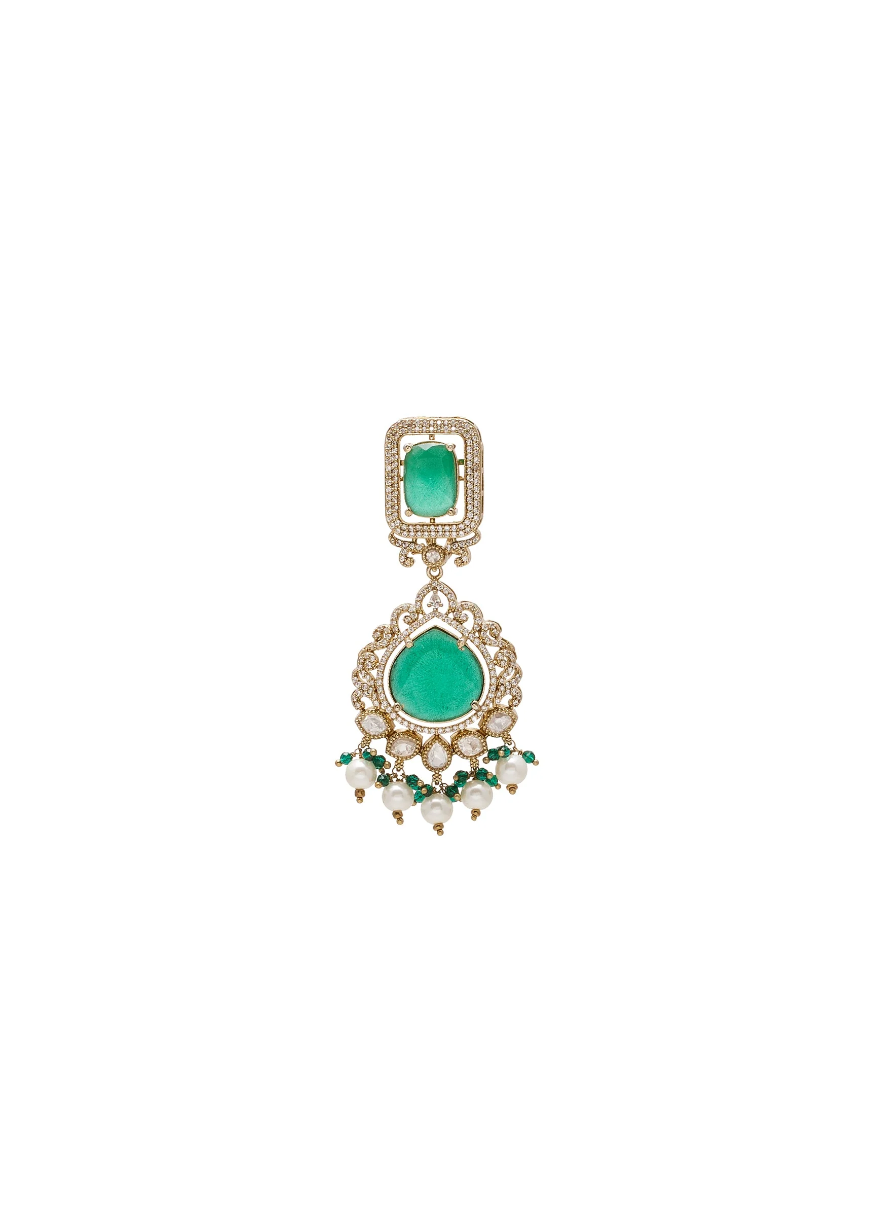 Green And Gold Teardrop Pendant Necklace Set With Maangtika
