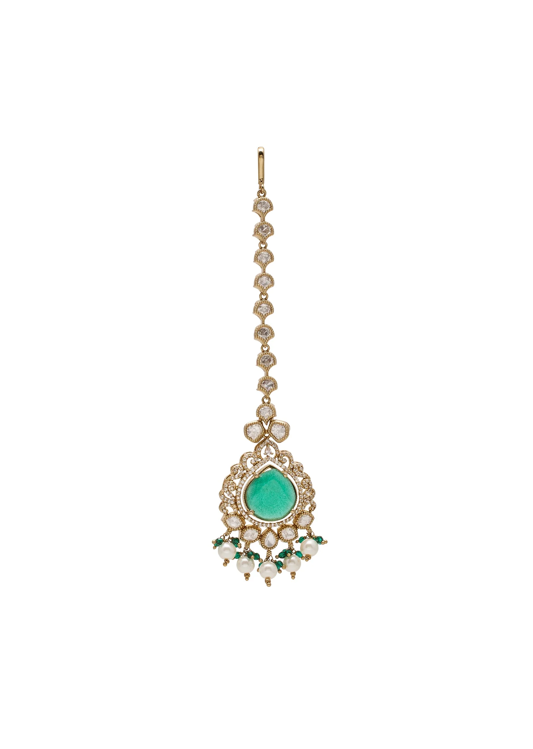 Green And Gold Teardrop Pendant Necklace Set With Maangtika