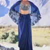 Blue Crepe Draped Skirt With Embroidered Blouse And Cape
