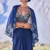 Blue Crepe Draped Skirt With Embroidered Blouse And Cape