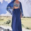 Blue Crepe Draped Skirt With Embroidered Blouse And Cape