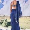 Blue Crepe Draped Skirt With Embroidered Blouse And Cape