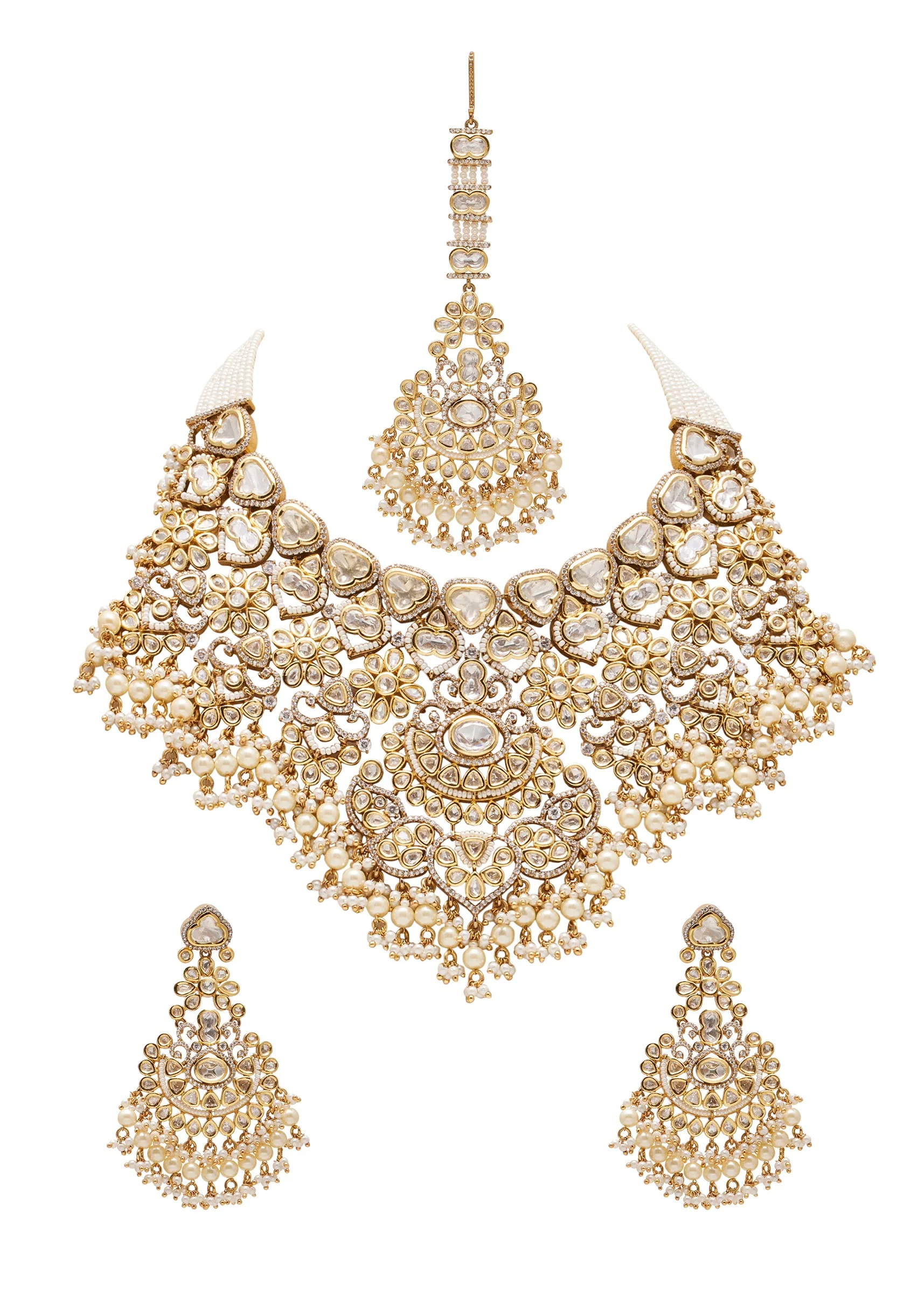 Off White Stone And Beaded Necklace Set With Maangtikka