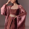 Maroon Organza Cowl Blouse With Jacket And Draped Skirt