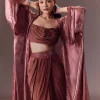 Maroon Organza Cowl Blouse With Jacket And Draped Skirt