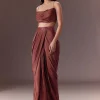 Maroon Organza Cowl Blouse With Jacket And Draped Skirt