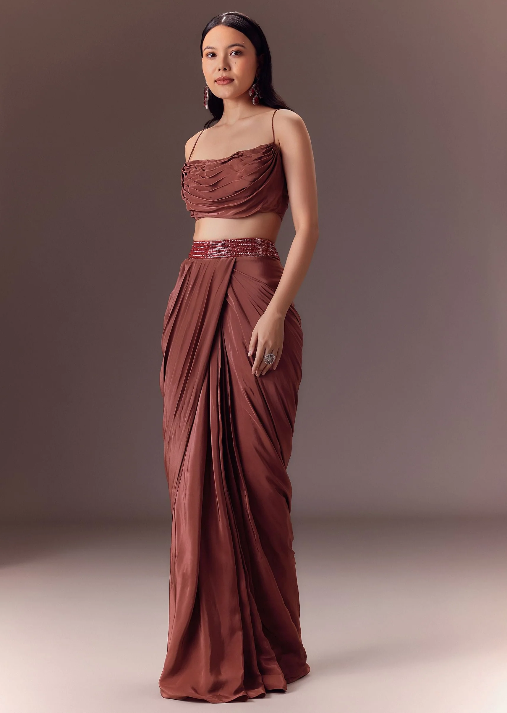 Maroon Organza Cowl Blouse With Jacket And Draped Skirt