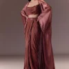 Maroon Organza Cowl Blouse With Jacket And Draped Skirt