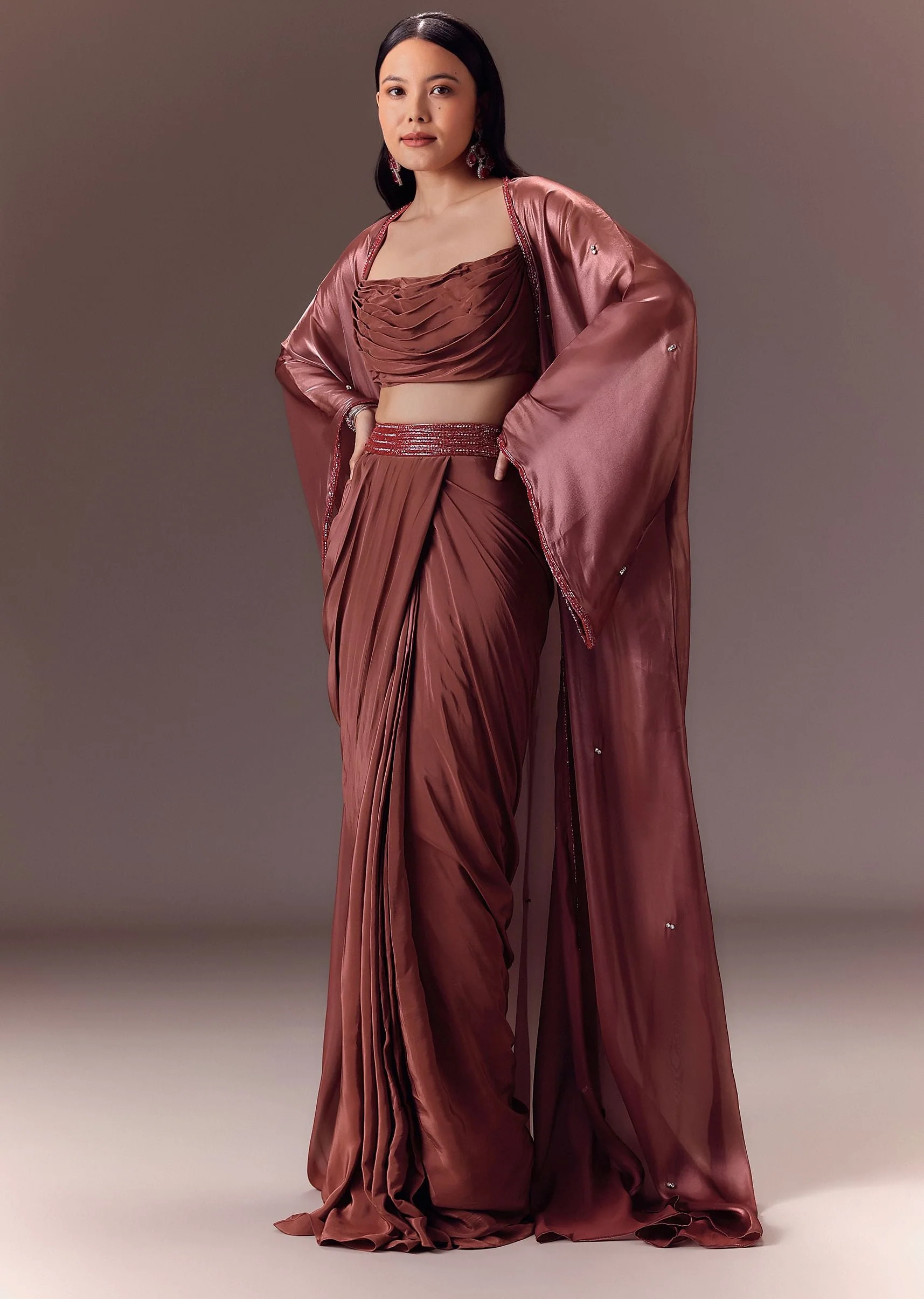 5607-us-0-us-0-variation-1.webp Maroon Organza Cowl Blouse With Jacket And Draped Skirt