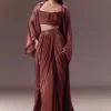 Maroon Organza Cowl Blouse With Jacket And Draped Skirt