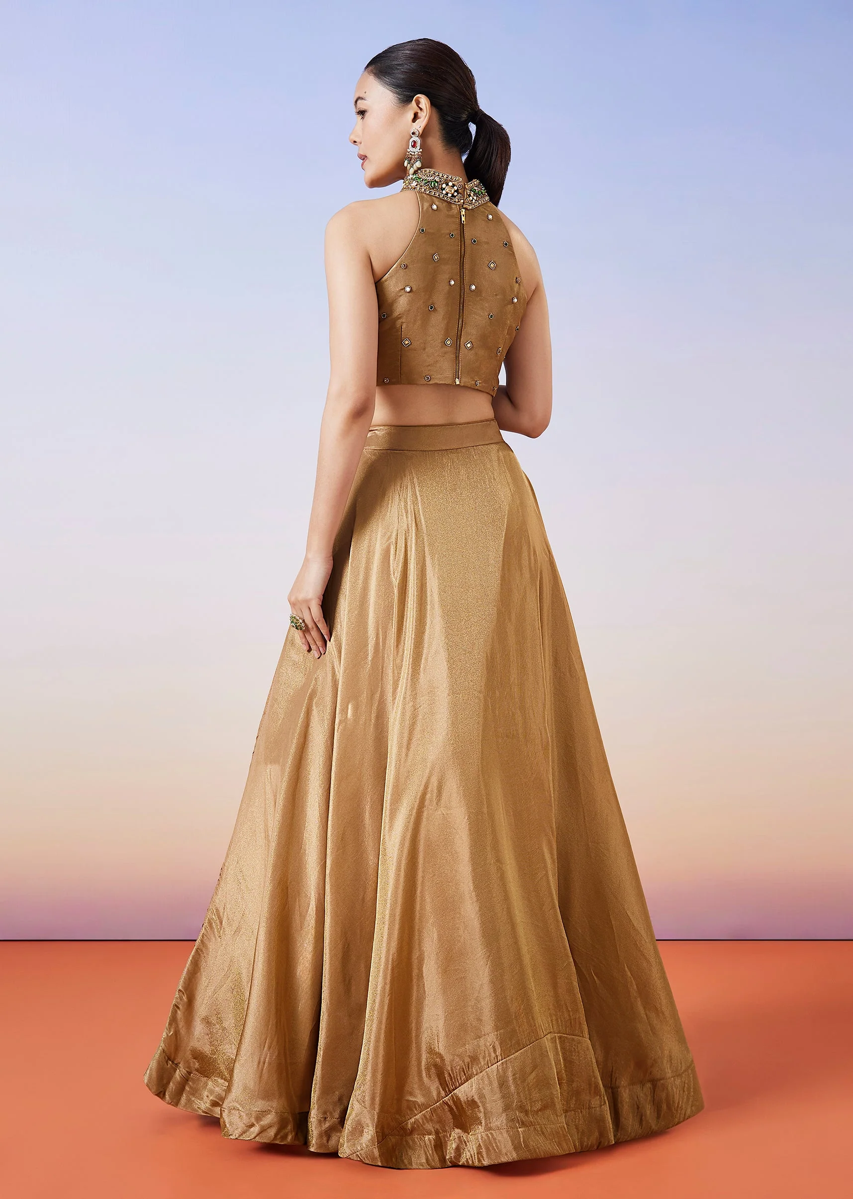 Gold Tissue Handwork Crop Skirt Lehenga