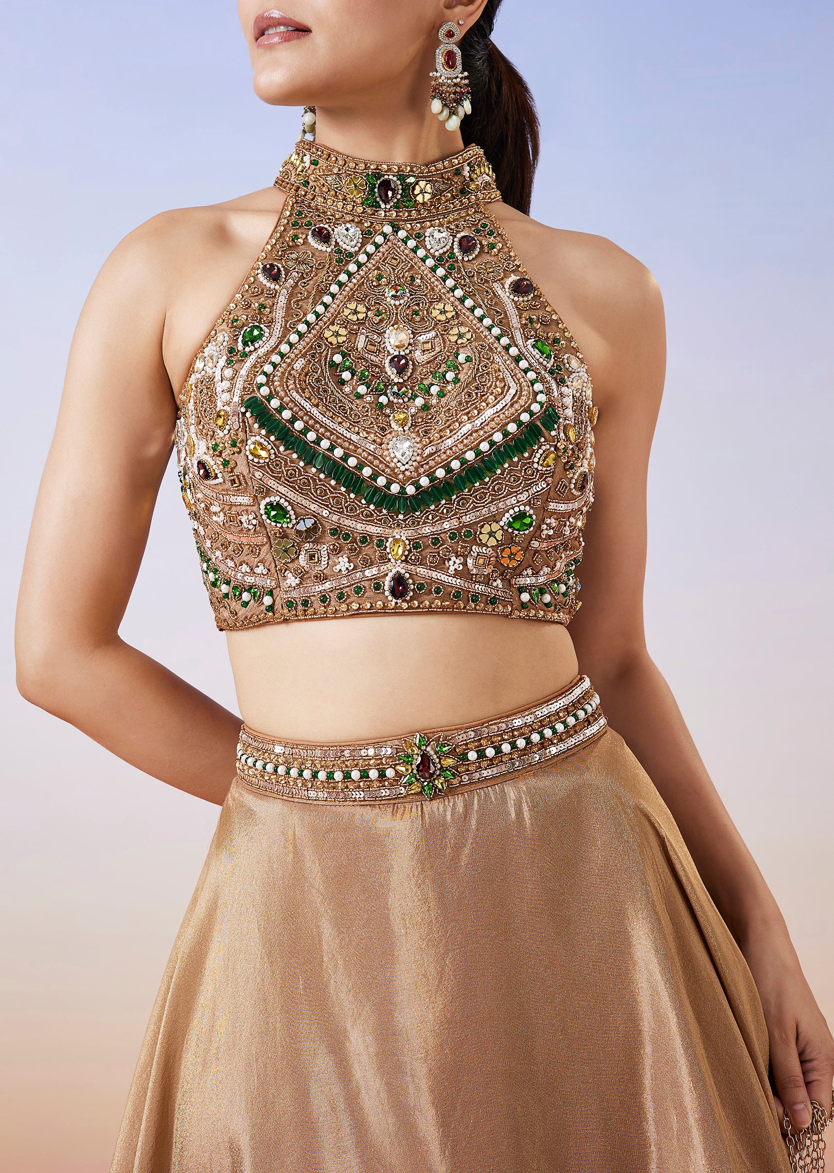 Gold Tissue Handwork Crop Skirt Lehenga