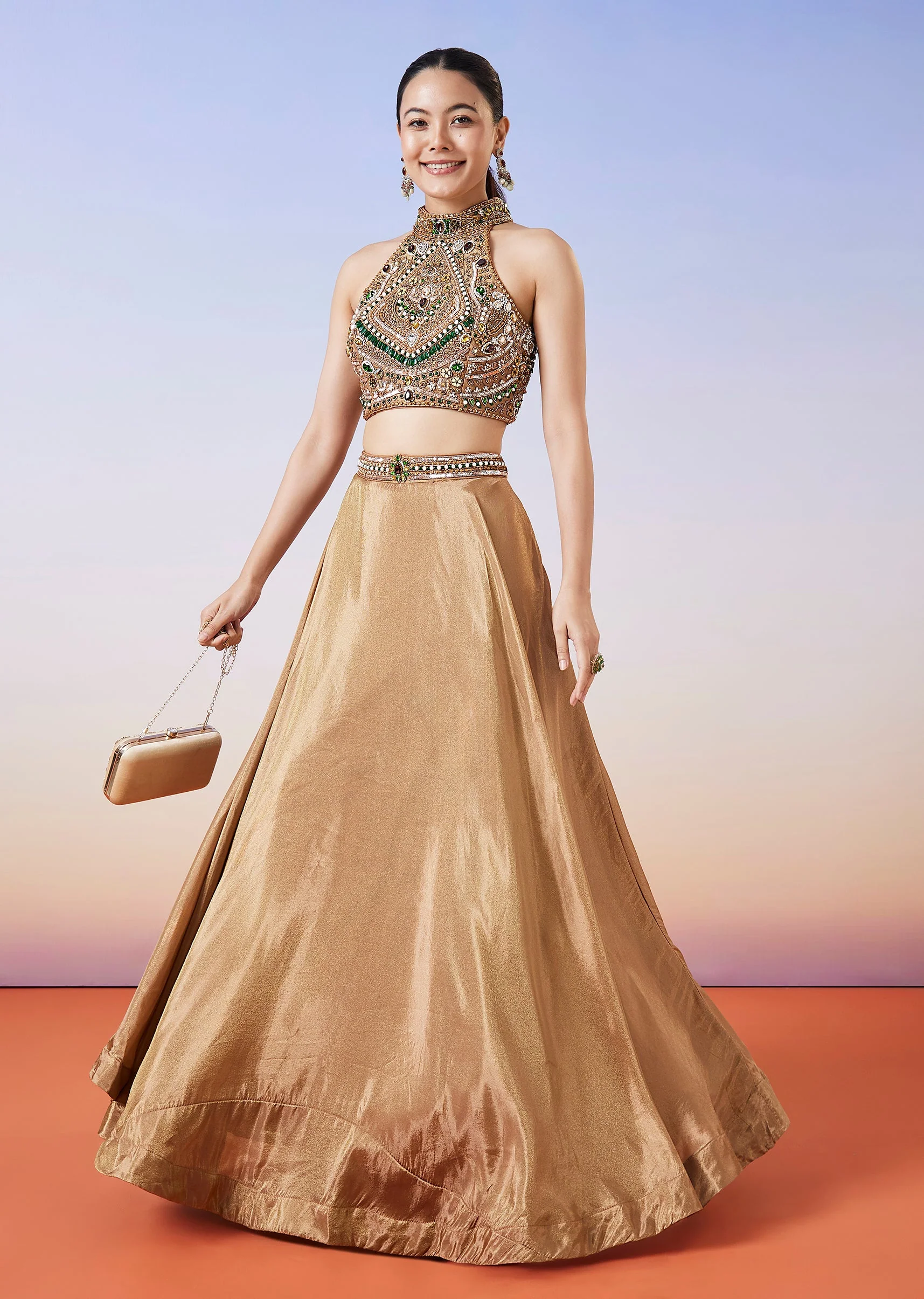 Gold Tissue Handwork Crop Skirt Lehenga