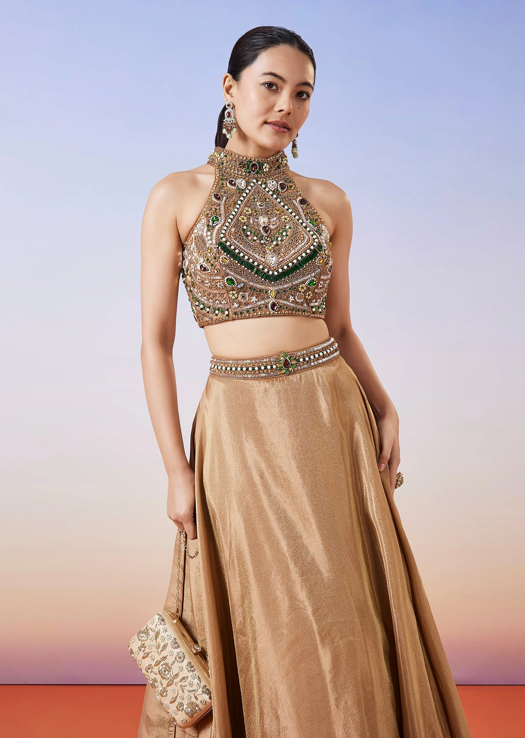 Gold Tissue Handwork Crop Skirt Lehenga