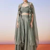 Greenish Grey Tissue Fusion Lehenga With Cape