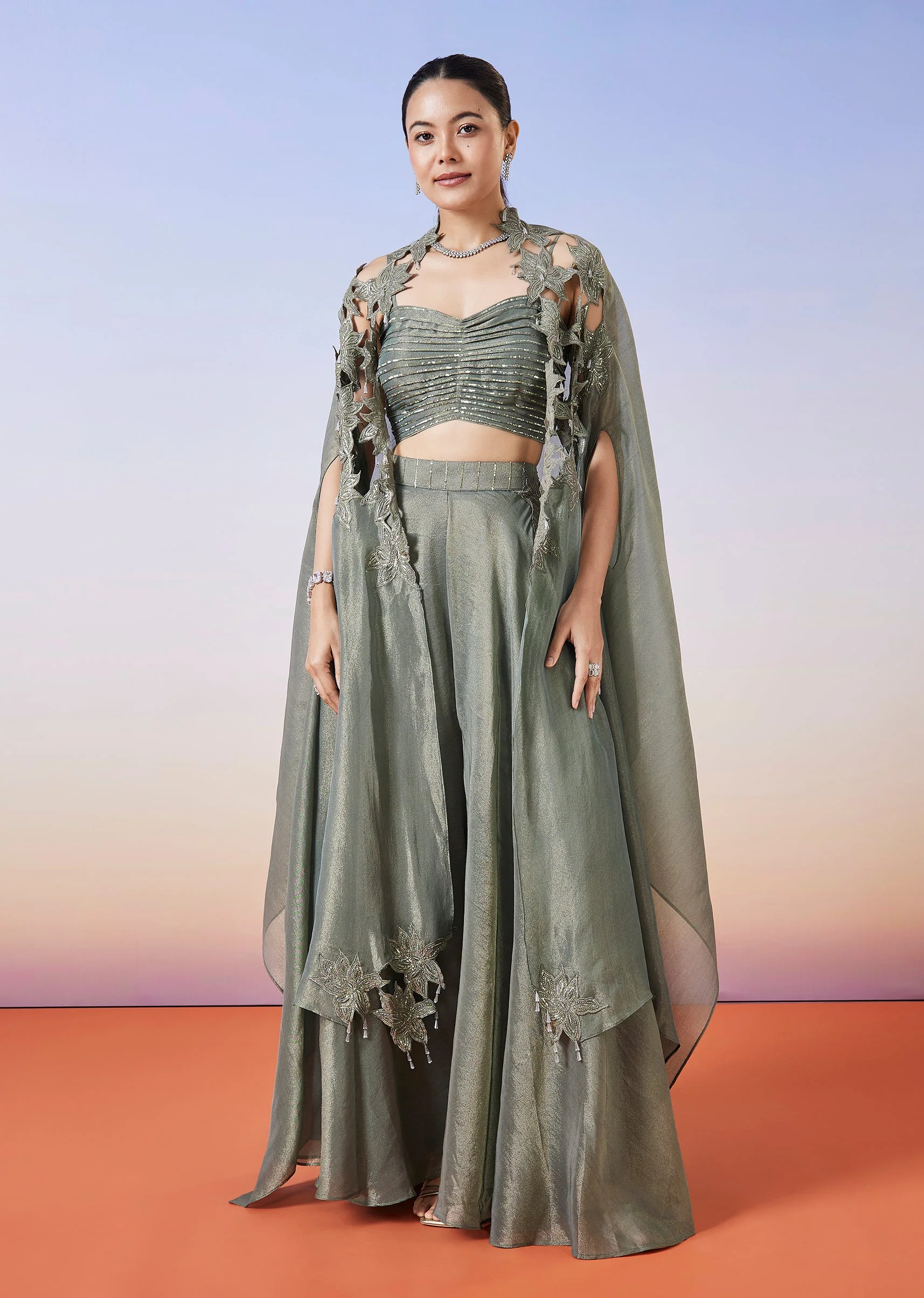 5630-greenish-grey-tissue-fusion-lehenga-with-cape-1.webp Greenish Grey Tissue Fusion Lehenga With Cape