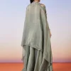 Greenish Grey Tissue Fusion Lehenga With Cape