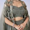 Greenish Grey Tissue Fusion Lehenga With Cape
