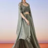 Greenish Grey Tissue Fusion Lehenga With Cape