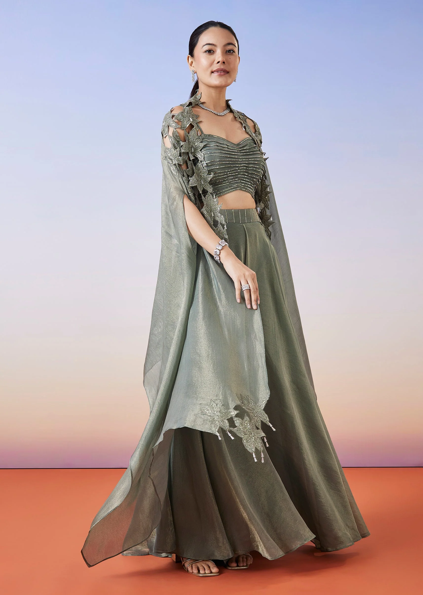 Greenish Grey Tissue Fusion Lehenga With Cape