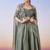 Greenish Grey Tissue Fusion Lehenga With Cape