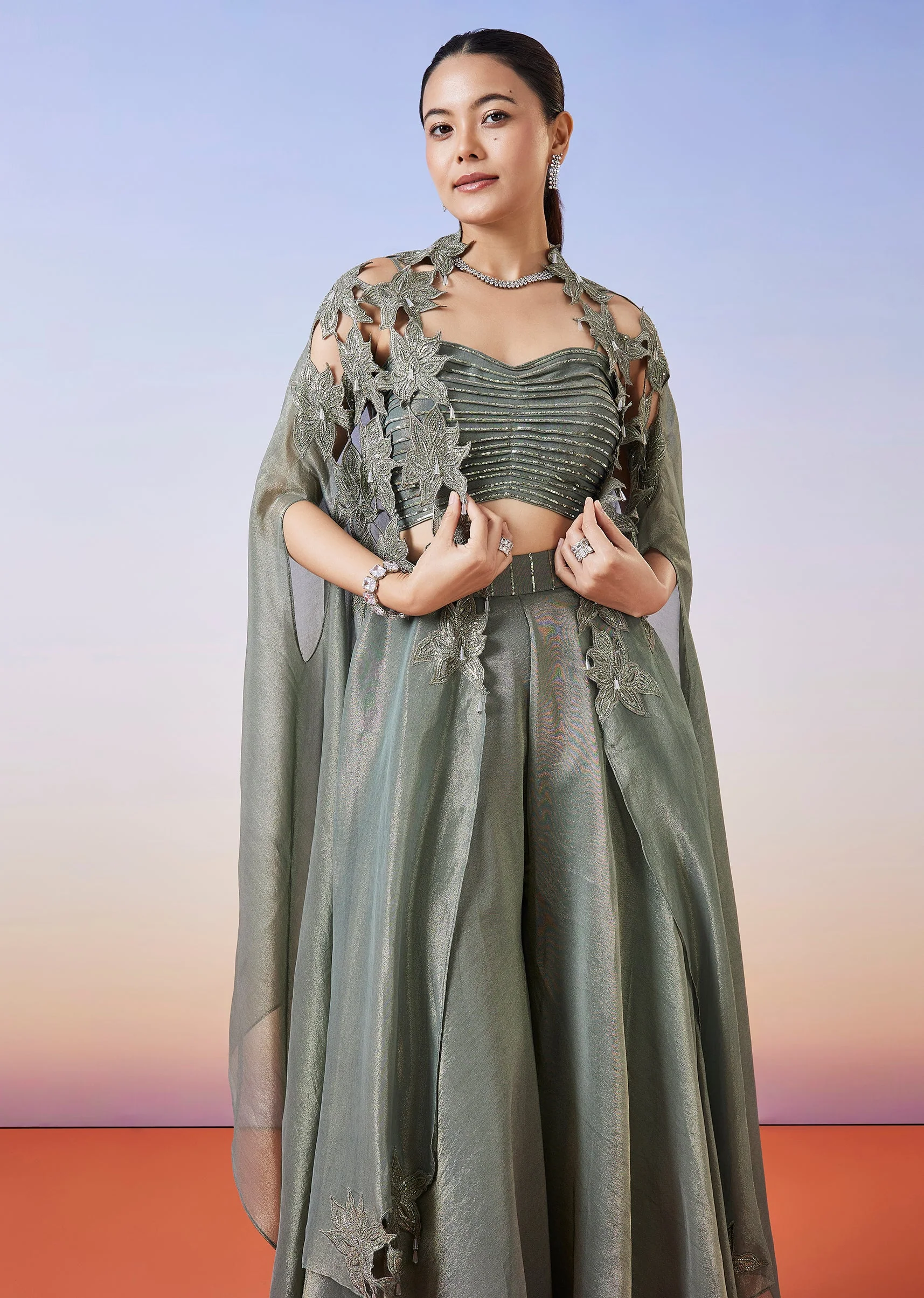Greenish Grey Tissue Fusion Lehenga With Cape