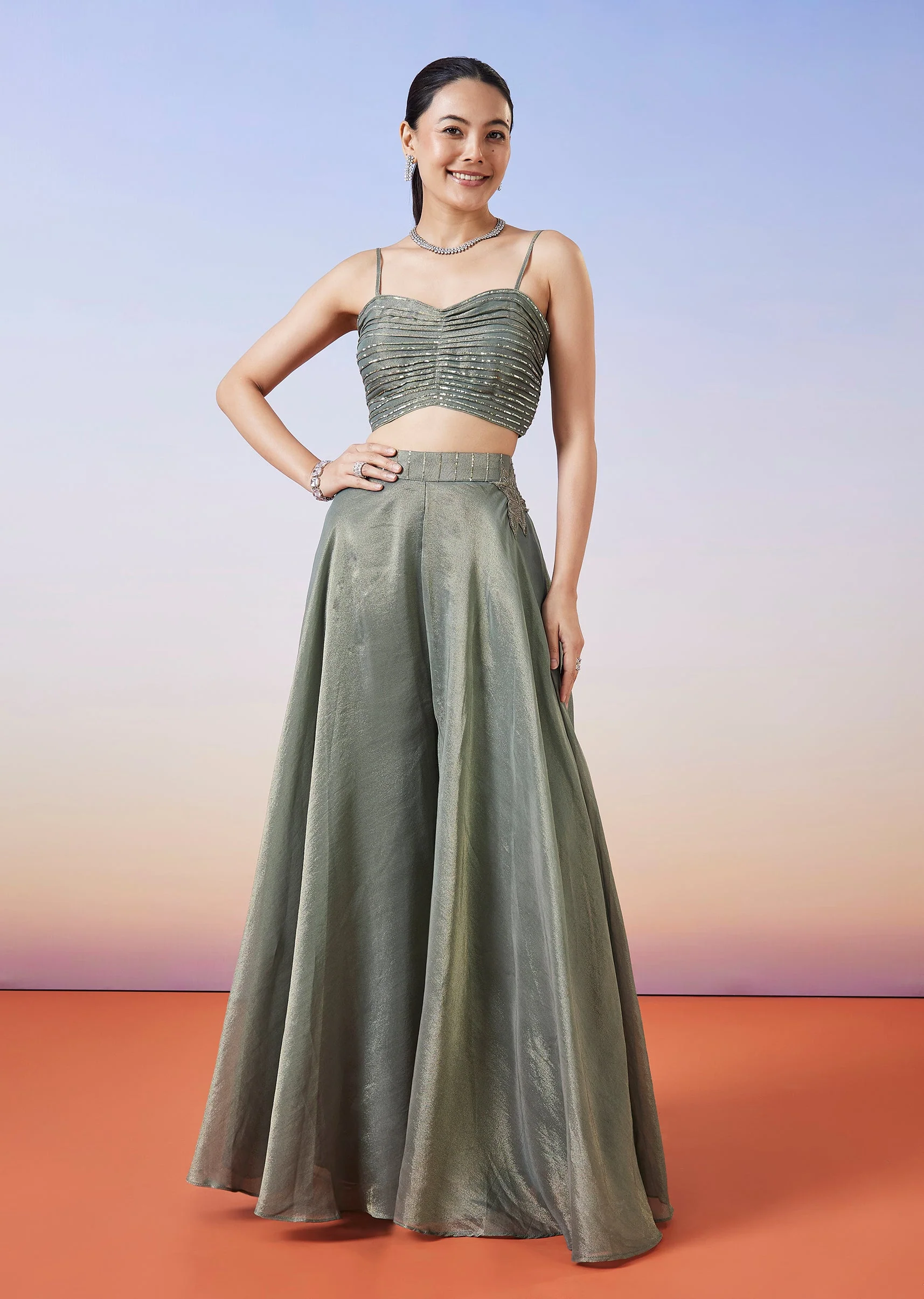 Greenish Grey Tissue Fusion Lehenga With Cape