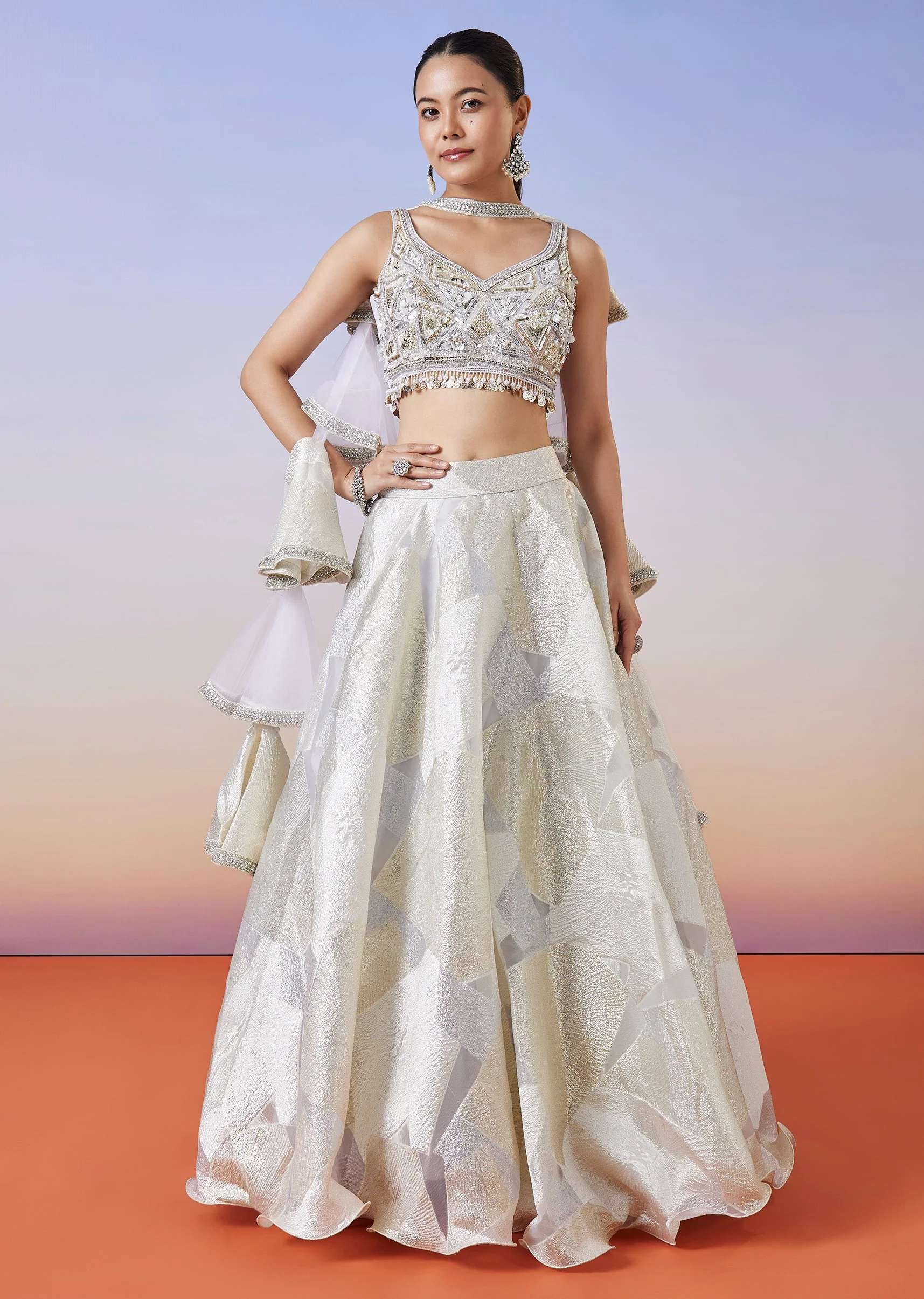 Grey Jacquard Fusion Lehenga With Dupatta