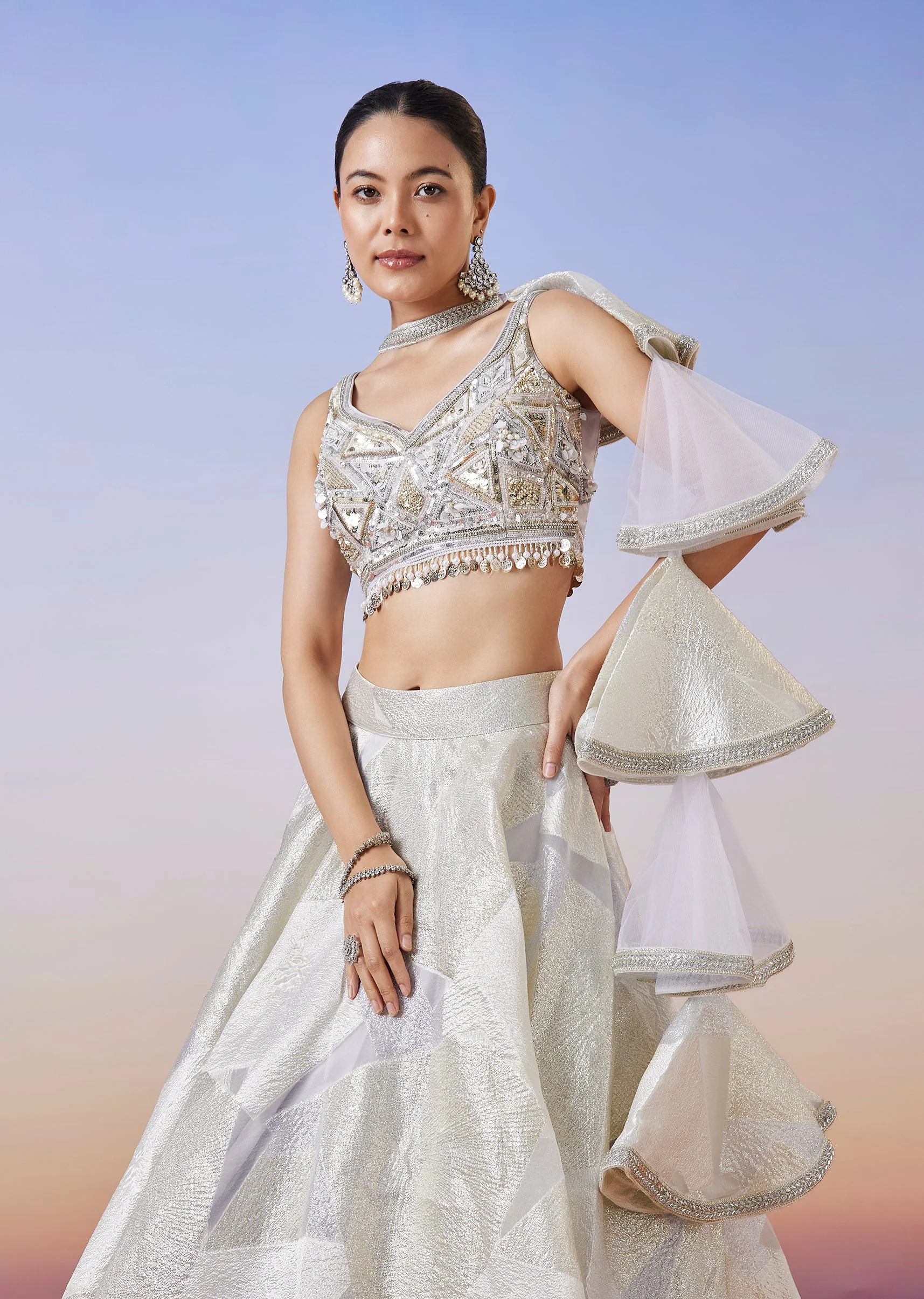Grey Jacquard Fusion Lehenga With Dupatta