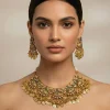 Gold Plated Green Synthetic Stone Choker Necklace Earring Set With Coin Motif