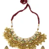 Gold Plated Green Synthetic Stone Choker Necklace Earring Set With Coin Motif