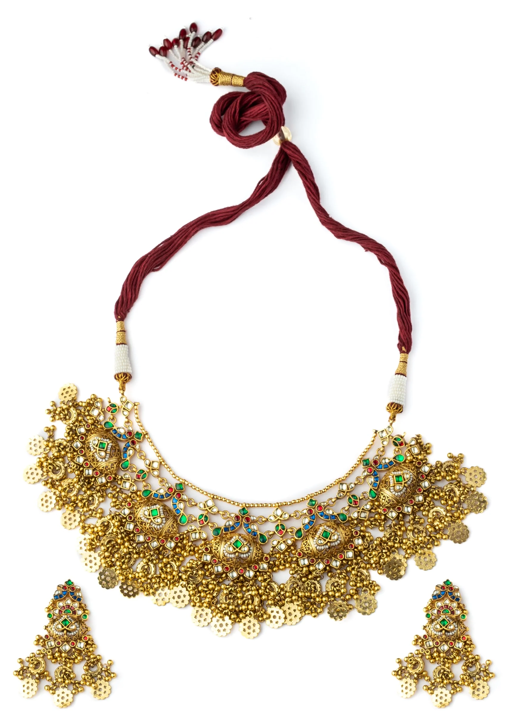 Gold Plated Green Synthetic Stone Choker Necklace Earring Set With Coin Motif