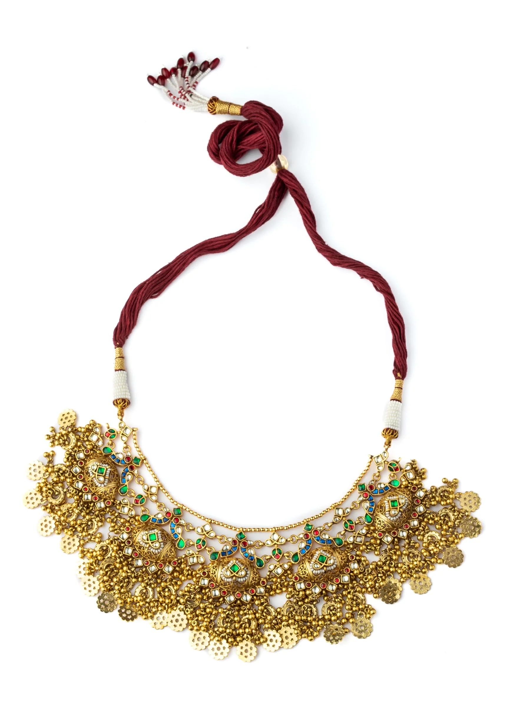 Gold Plated Green Synthetic Stone Choker Necklace Earring Set With Coin Motif