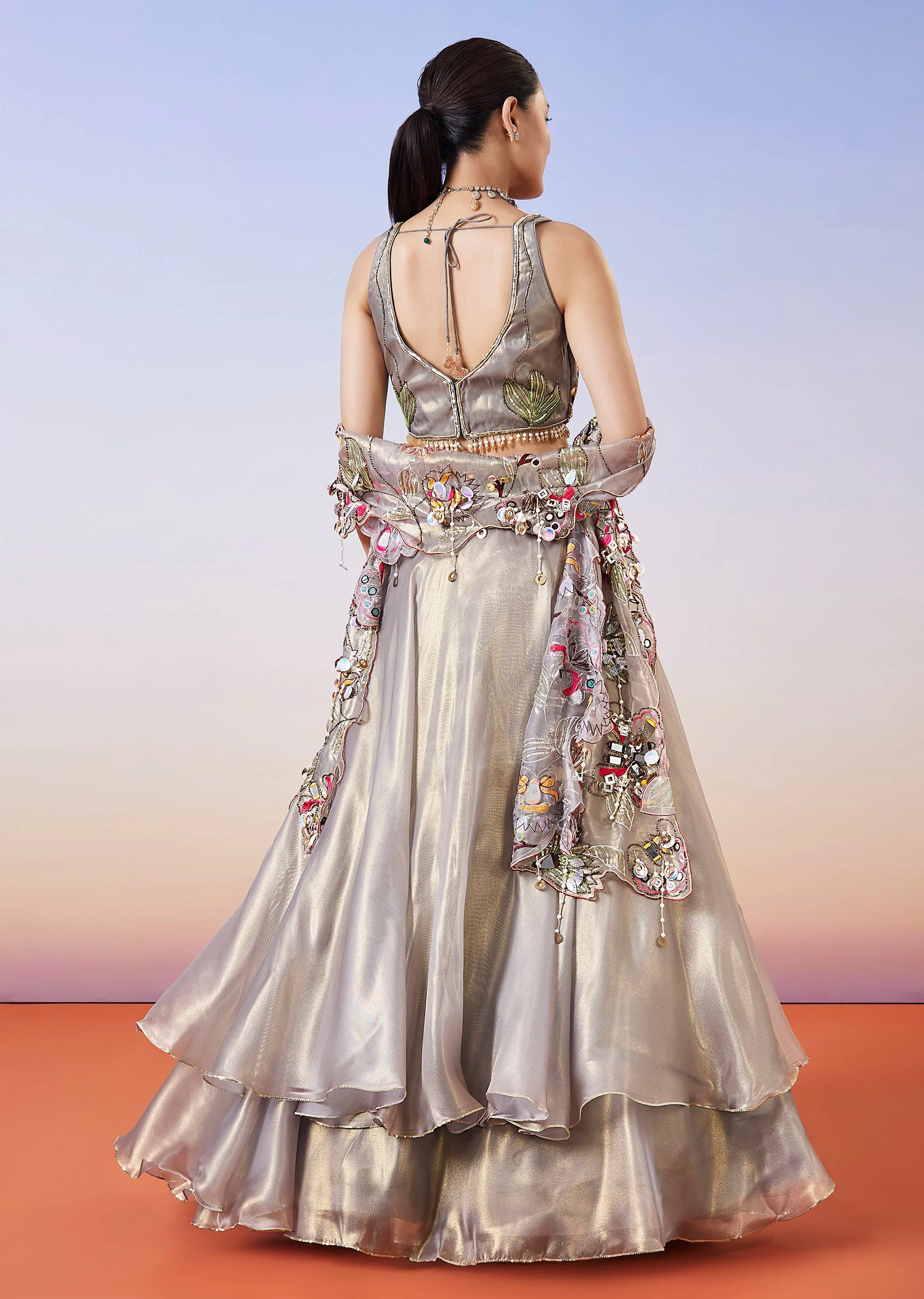 Grey Shimmer Organza Fusion Lehenga With Dupatta