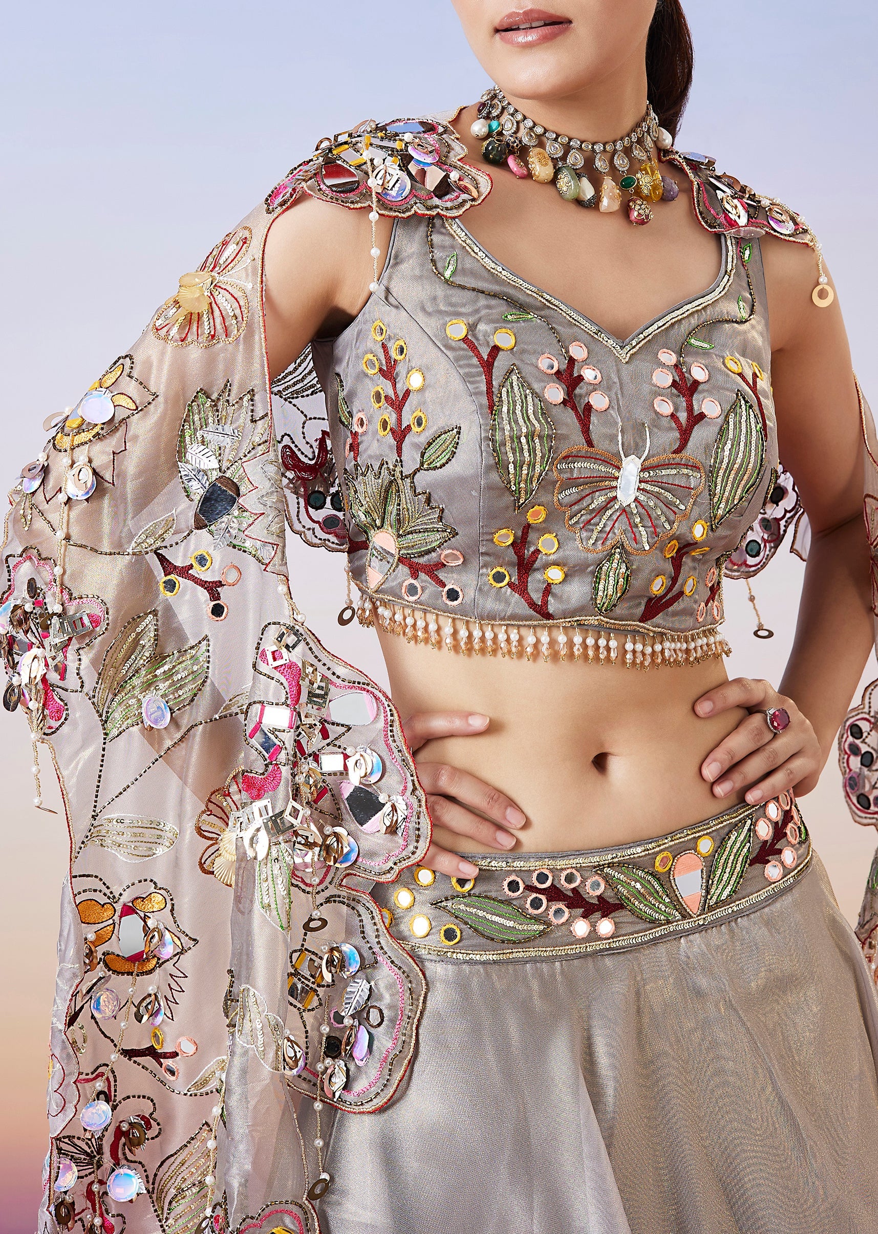 Grey Shimmer Organza Fusion Lehenga With Dupatta