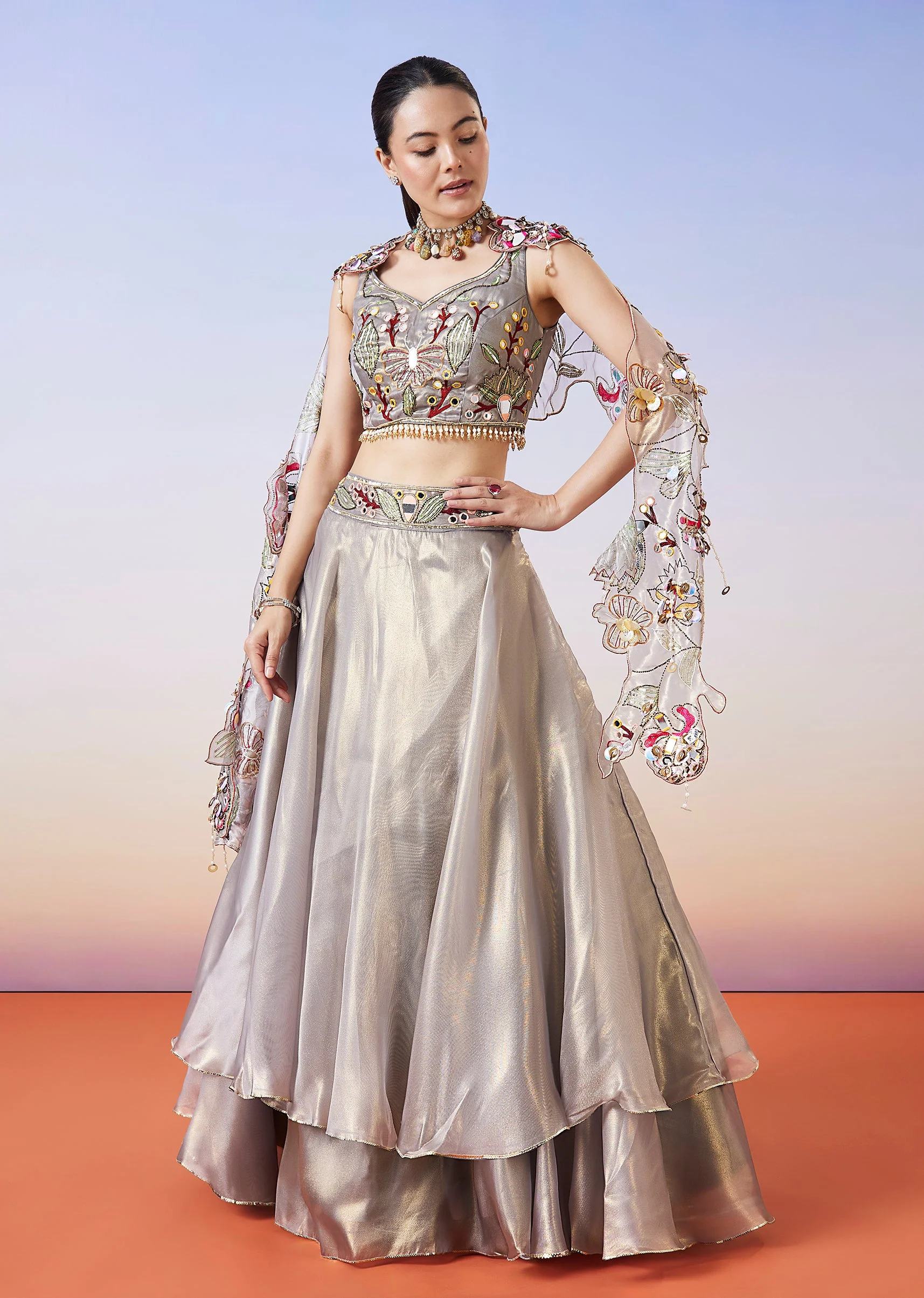 Grey Shimmer Organza Fusion Lehenga With Dupatta