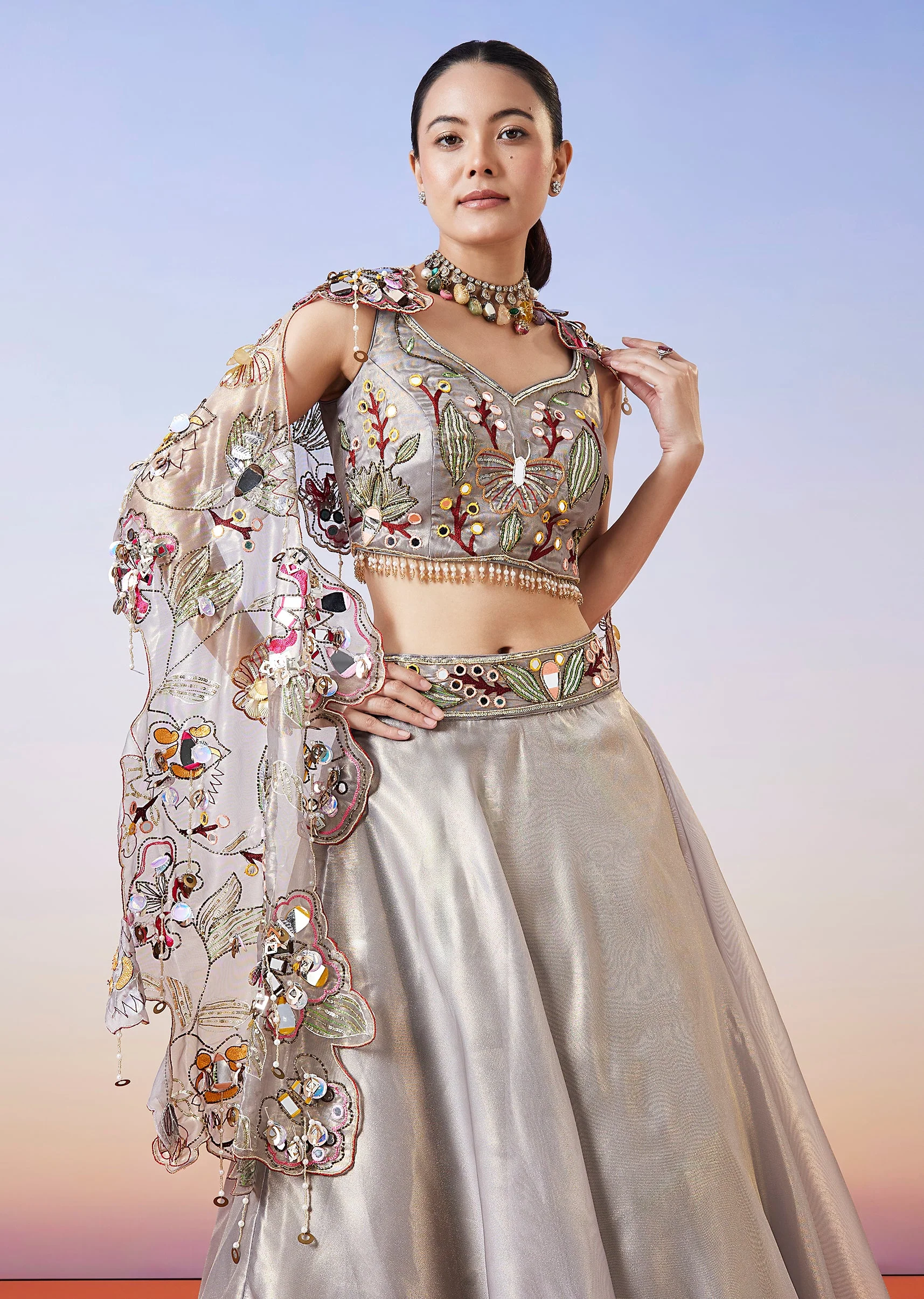 Grey Shimmer Organza Fusion Lehenga With Dupatta