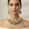 Gold Plated Green And Pink Gemstones Kundan Polki Necklace Set With Earrings