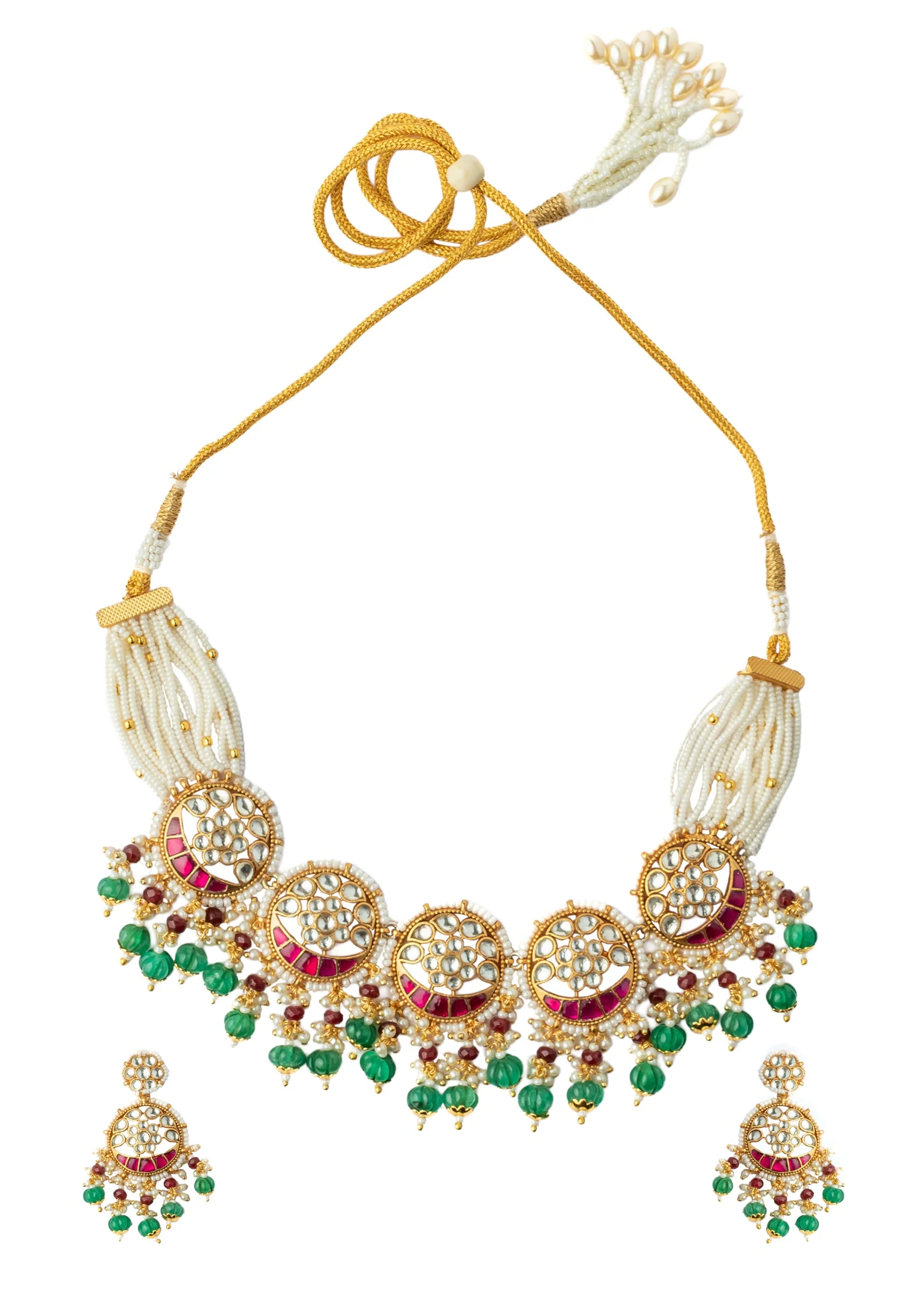 Gold Plated Green And Pink Gemstones Kundan Polki Necklace Set With Earrings