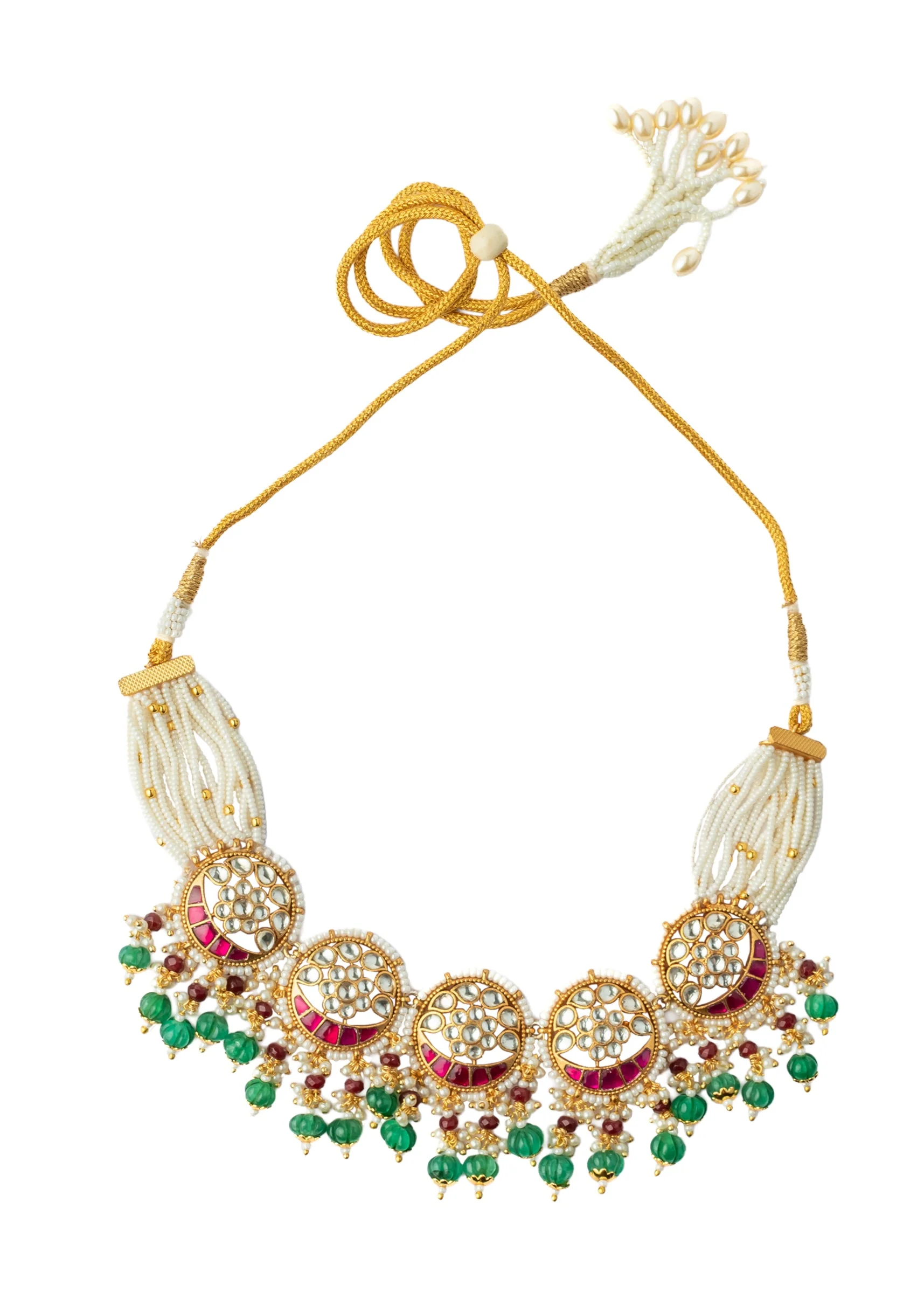 Gold Plated Green And Pink Gemstones Kundan Polki Necklace Set With Earrings