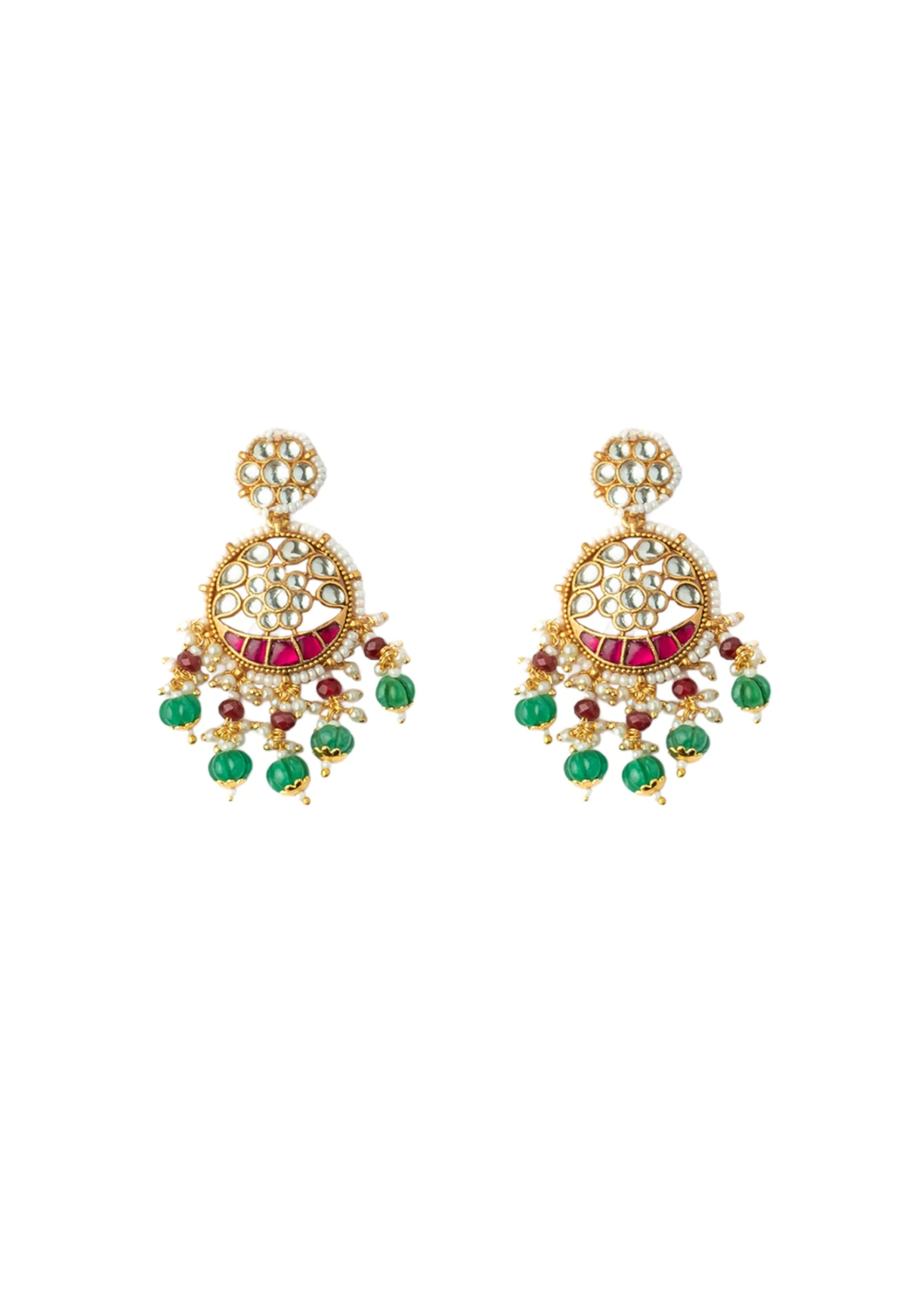 Gold Plated Green And Pink Gemstones Kundan Polki Necklace Set With Earrings