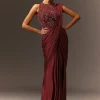 Masala Maroon Net Satin Draped Saree With Hand Embroidered Blouse