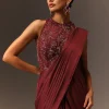 Masala Maroon Net Satin Draped Saree With Hand Embroidered Blouse