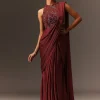 Masala Maroon Net Satin Draped Saree With Hand Embroidered Blouse