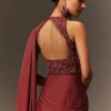 Masala Maroon Net Satin Draped Saree With Hand Embroidered Blouse